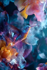 Obraz premium Hummingbird made of colorful smoke hovering near crystal flowers