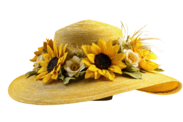 Decorative sunflower hat studio product photography classic style. Isolated on transparent background, png.