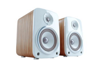 Sound system setup modern speakers in a home office space. Isolated on transparent background, png.