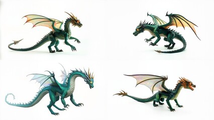 Four different types of dragon figs background depth elements expression colorful creative layers illustration frame design cartoonish figure style emotion movement scene gesture backgrounds
