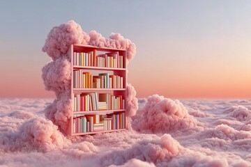 Dreamy Bookshelf in Pink Clouds at Sunset, a Surreal Library in the Sky