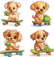 cute baby dog playing skateboard and holding green candy vector style on white background
