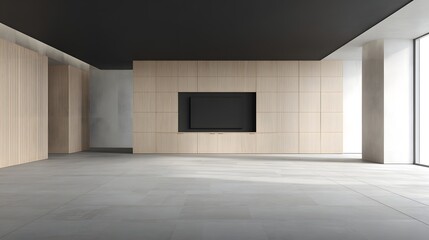 Spacious interior room with light beige wooden paneling and gray tiled flooring.