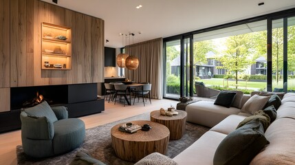 Modern living room with a view of a courtyard.