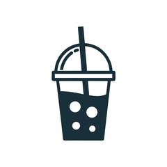 Dark blue icon of a drink with straw and bubbles on white background beverage