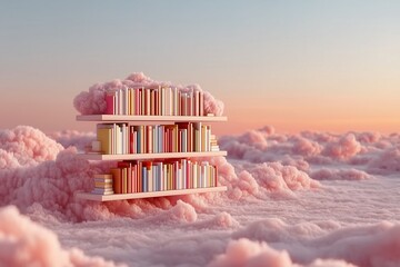 Floating Bookshelves in Dreamy Pink Clouds Under a Serene Sunset Sky