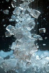 Floating Ice Cubes in Mid-Air with Water Droplets on Dark Background for Refreshment or Beverage Concepts