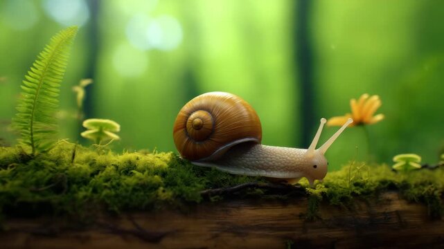Close-up of a snail with a brown shell crawling on mossy ground in a lush green forest setting