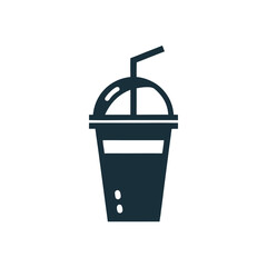 Dark blue silhouette of a takeaway drink cup with straw on white background beverage