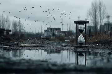 Eternal Stillness: Hourglass Amidst Birds in a Desolate Landscape Reflecting Time's Passage