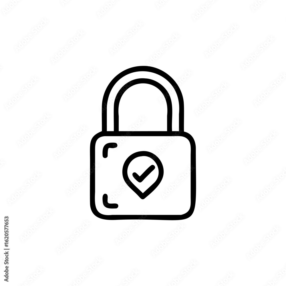 Poster outline padlock with checkmark inside location pin icon security tick
