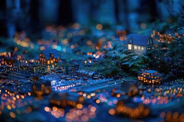 Fototapeta premium Miniature village at night, glowing houses