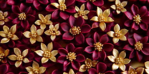 Icing fondant flowers in gold and maroon.