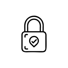 Outline padlock with checkmark inside location pin icon security tick