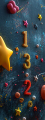 Colorful Numbers and Floating Toys on Artistic Dark Background with Stars and Clouds for Children's Learning or Nursery Design