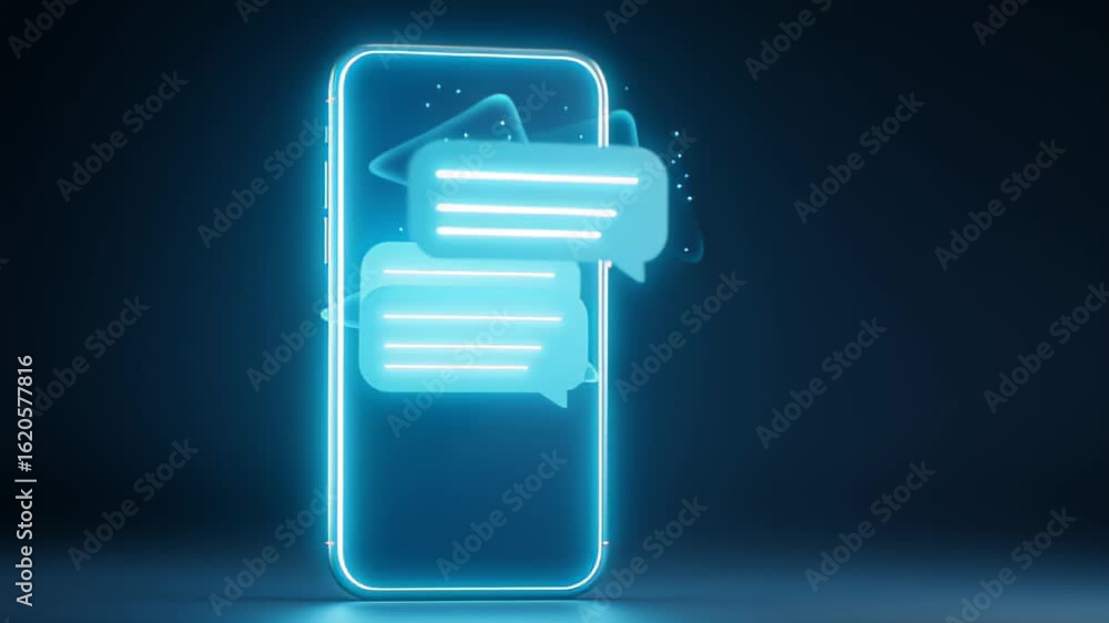Poster glowing smartphone with message bubble emanates futuristic vibes in dark setting