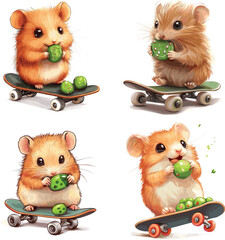 cute baby Hamster playing skateboard and holding green candy vector style on white background