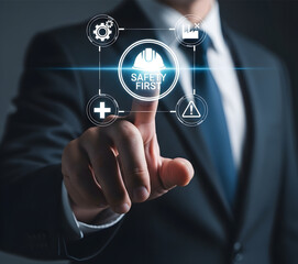 Businessman interacting with a futuristic digital interface displaying interconnected icons and data points