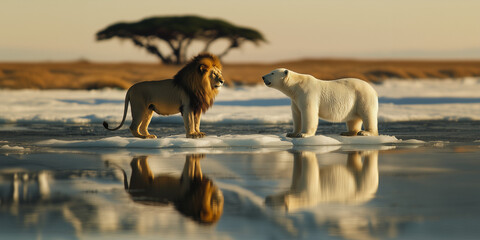 A lion and a polar bear facing each other in the savannah with melting ice floes.