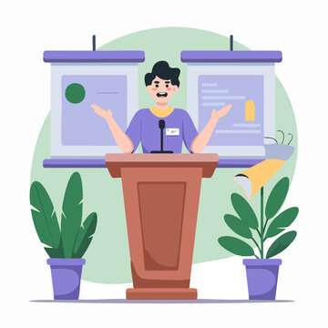 Minimalist Vector SVG Illustration of a Person Presenting with Charts in Flat Style with Green and Blue Colors