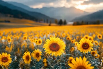 Golden Sunflower Field at Sunset with Majestic Mountain Backdrop and Glowing Horizon