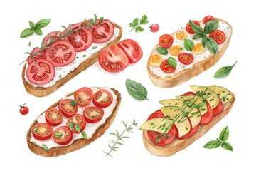 set of watercolor Tomato bruschetta vector illustration isolated on white background