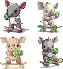cute baby Rhinoceros playing skateboard and holding green candy vector style on white background