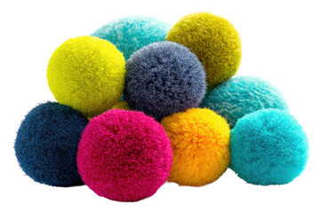Colorful pom poms arrangement studio photography vibrant close-up. Isolated on transparent background, png.