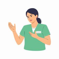 Vector SVG Illustration of Nurse Icon in Flat Modern Style with Green Uniform and Hand Gesture for Healthcare Branding