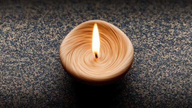 A single candle with a soft glow radiates warmth from its swirling, stylized base, centered on a textured gray surface creating a calming and peaceful ambiance.