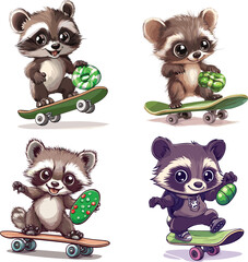 cute baby Racoon playing skateboard and holding green candy vector style on white background