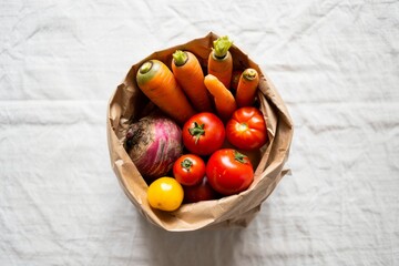 Freshly Picked Vegetables Overflowing a Brown Paper Bag on a Textured White Background Offering a Healthy Meal Option