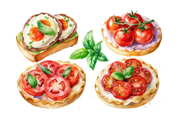 set of watercolor Tomato bruschetta vector illustration isolated on white background