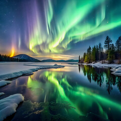 Aurora Borealis Over Frozen Lake northern lights night sky