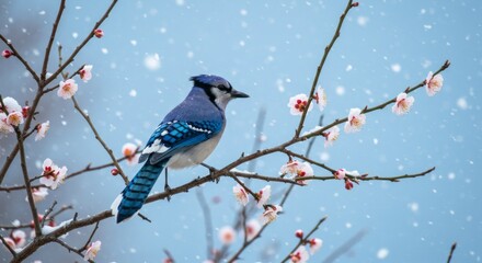 A bright blue jay perched on a snow dusted plum blossom branch during late winter
