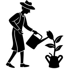 Gardener watering plant silhouette watering can