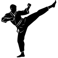 Karate fighter high kick silhouette martial arts black