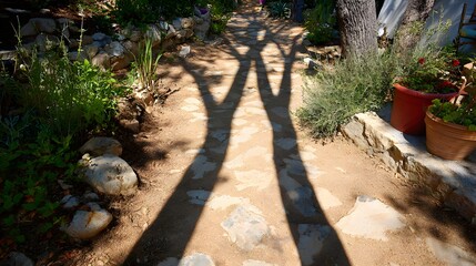 Stone pathway with tree shadows and garden.