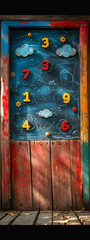 Rustic Wooden Chalkboard Door with Colorful Numbers and Cloud Decor in Preschool Classroom – Educational Wall Design