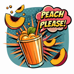 Peach smoothie with sliced peaches flying around in pop art vector illusration
