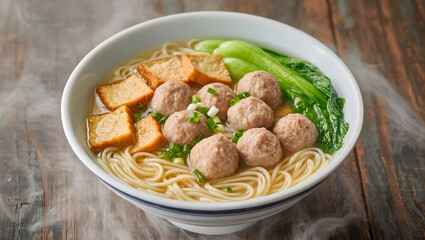 A steaming bowl of bakso served with noodles, fried tofu, and vegetables, on a rustic wooden table, natural lighting, realistic food photography style