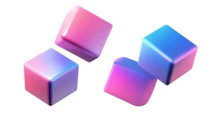 Flying four gradient pink and blue cube holographic iridescent 3D render icon isolated on white background 