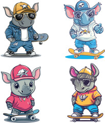 Rhinoceros mascot cartoon character with skateboard, rapper vector style on white background