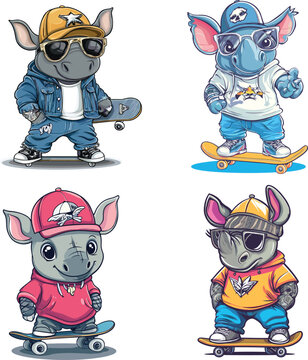 Rhinoceros mascot cartoon character with skateboard, rapper vector style on white background