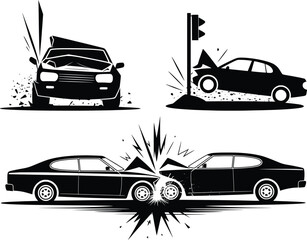 Vintage Car Crash Vector Illustration Set, Retro Collision and Damage Icons.