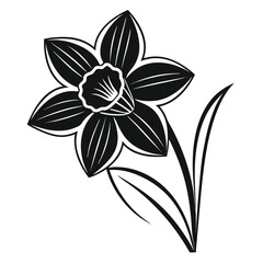 Obraz premium Black silhouette of a daffodil flower with leaves and stem black and white icon