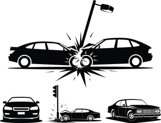 Vintage Car Crash Vector Illustration Set, Retro Collision and Damage Icons.