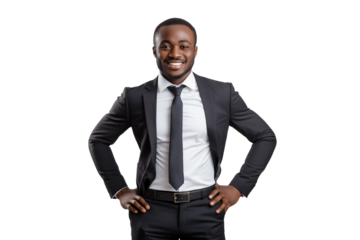 Confident smiling professional African-American businessman in suit, isolated on transparent background