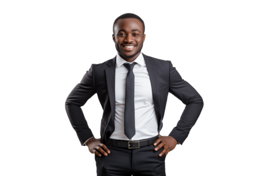 Confident smiling professional African-American businessman in suit, isolated on transparent background