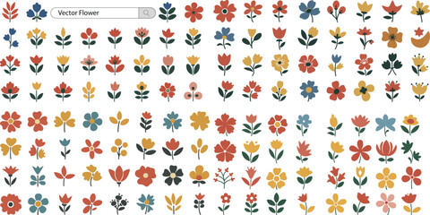Large Collection of Stylized Vector Flower Icons and Leaf Shapes. Modern Flat Botanical Set for Spring, Garden, and Decorative Designs.

